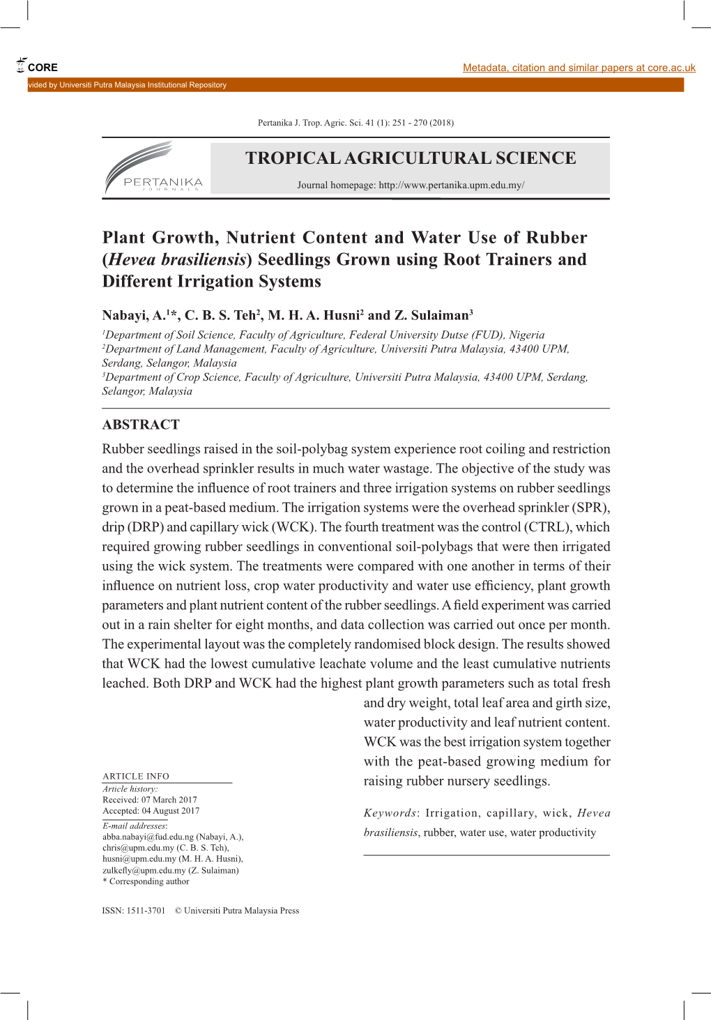 TROPICAL AGRICULTURAL SCIENCE Plant Growth