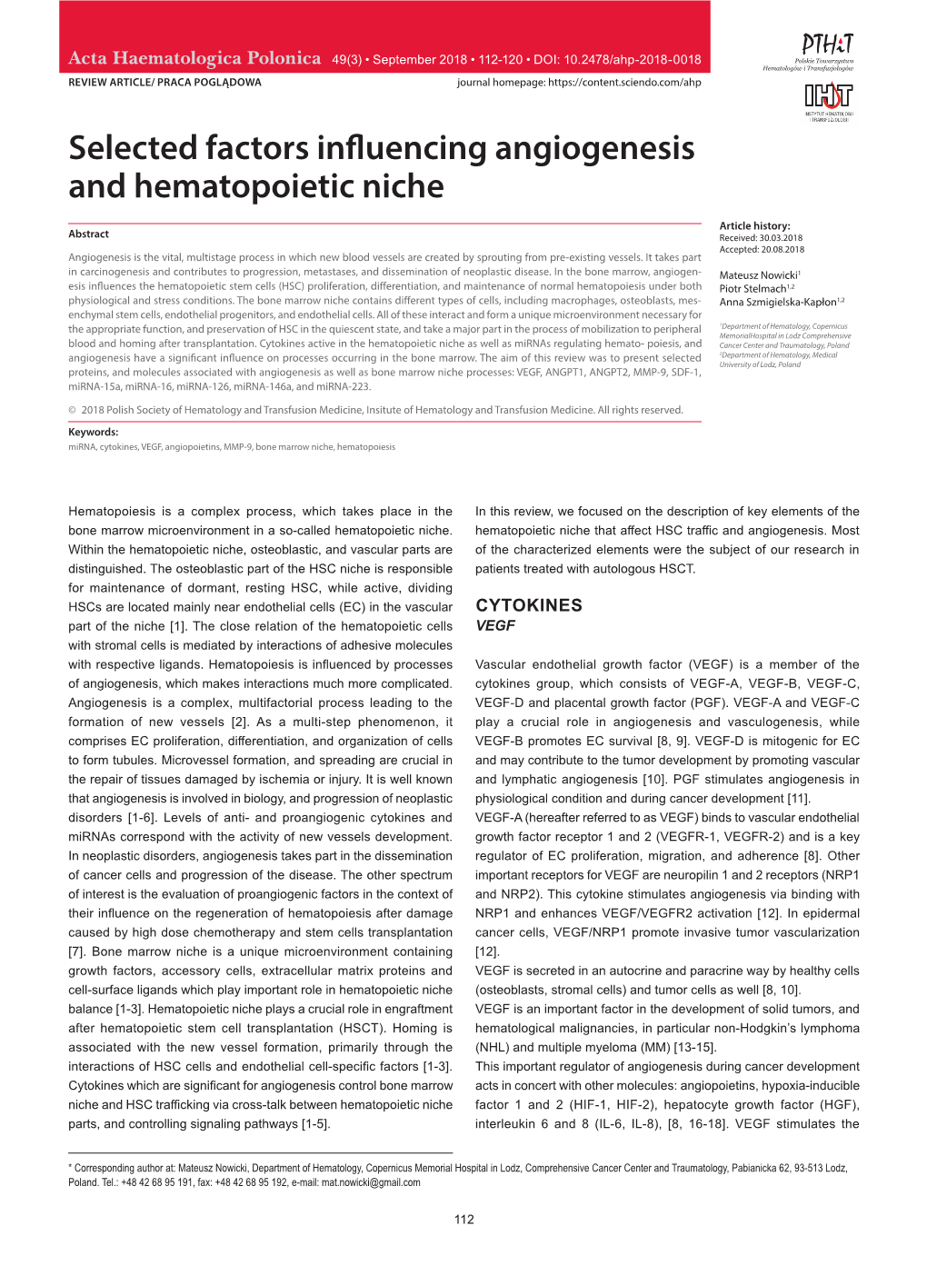 Selected Factors Influencing Angiogenesis and Hematopoietic Niche