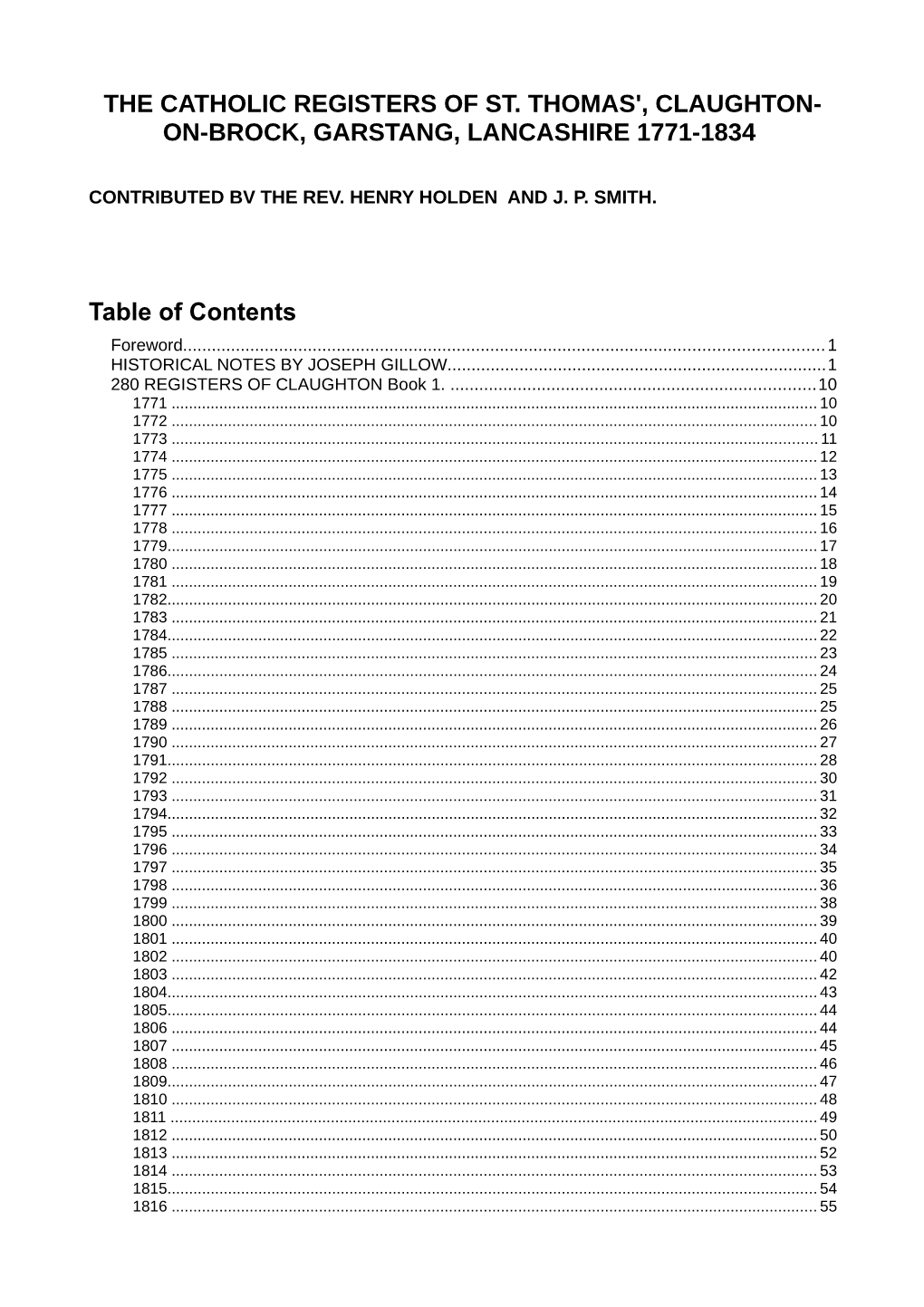 The Catholic Registers of St. Thomas', Claughton- On-Brock, Garstang, Lancashire 1771-1834