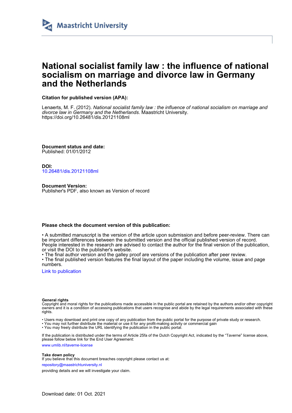 National Socialist Family Law : the Influence of National Socialism on Marriage and Divorce Law in Germany and the Netherlands