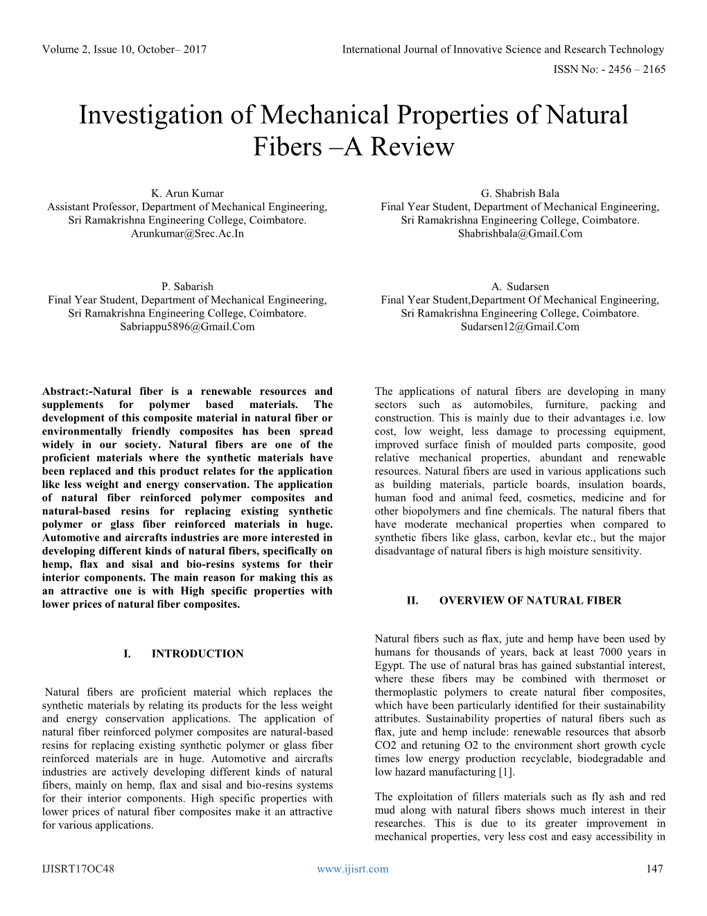 Investigation of Mechanical Properties of Natural Fibers –A Review