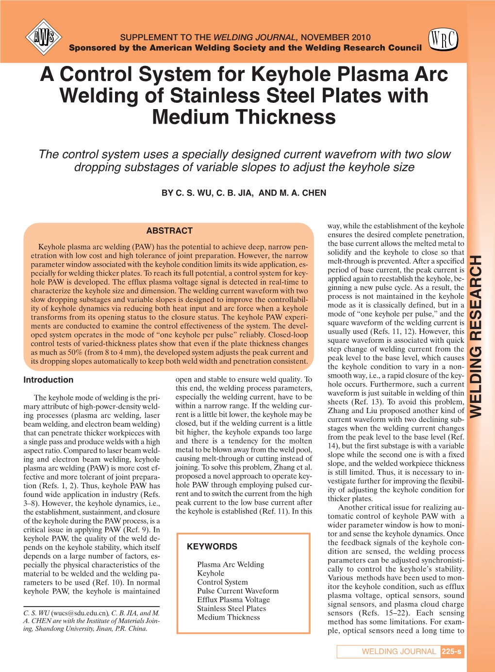 A Control System for Keyhole Plasma Arc Welding of Stainless Steel Plates with Medium Thickness