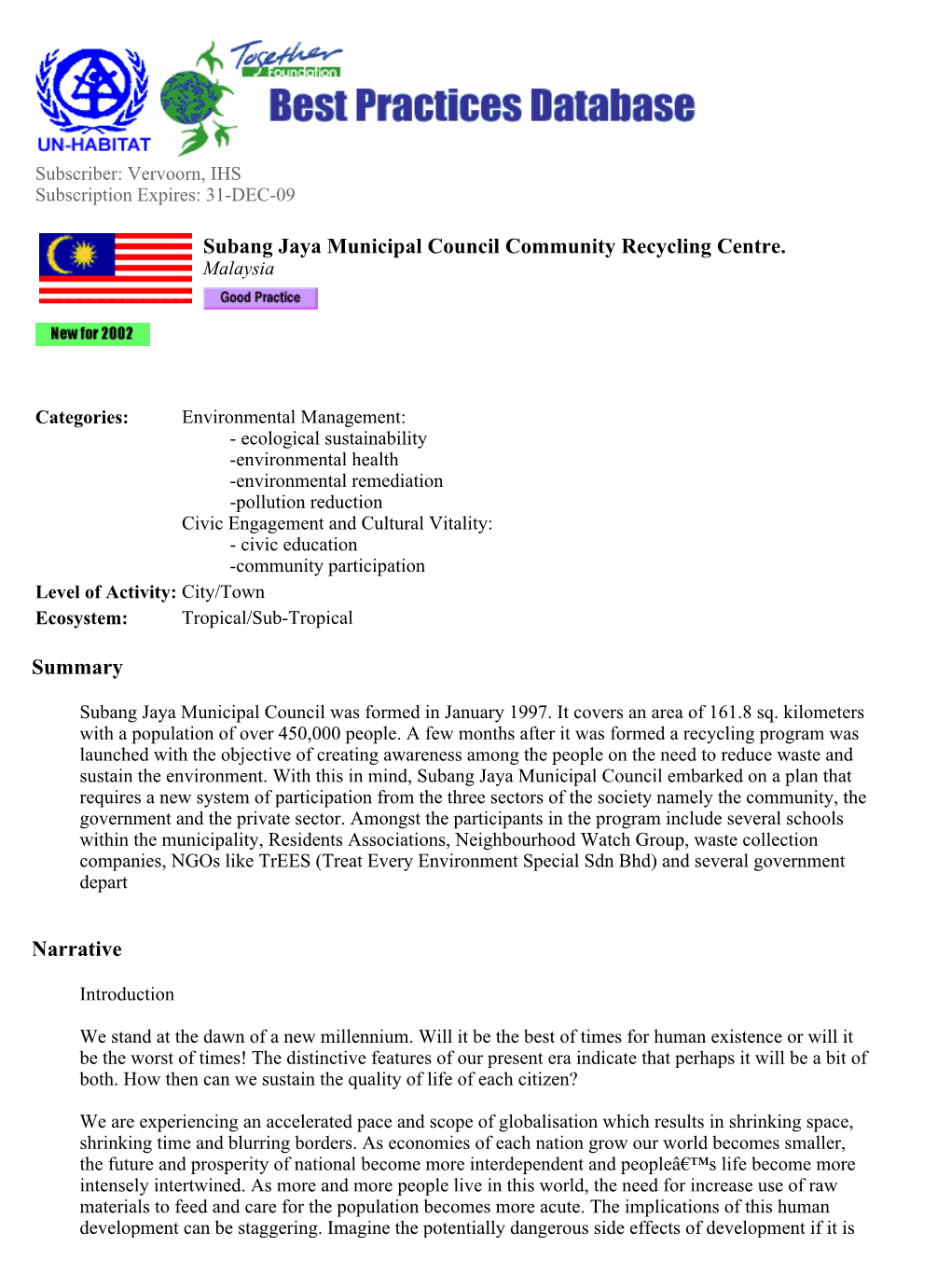 Summary Narrative Subang Jaya Municipal Council Community