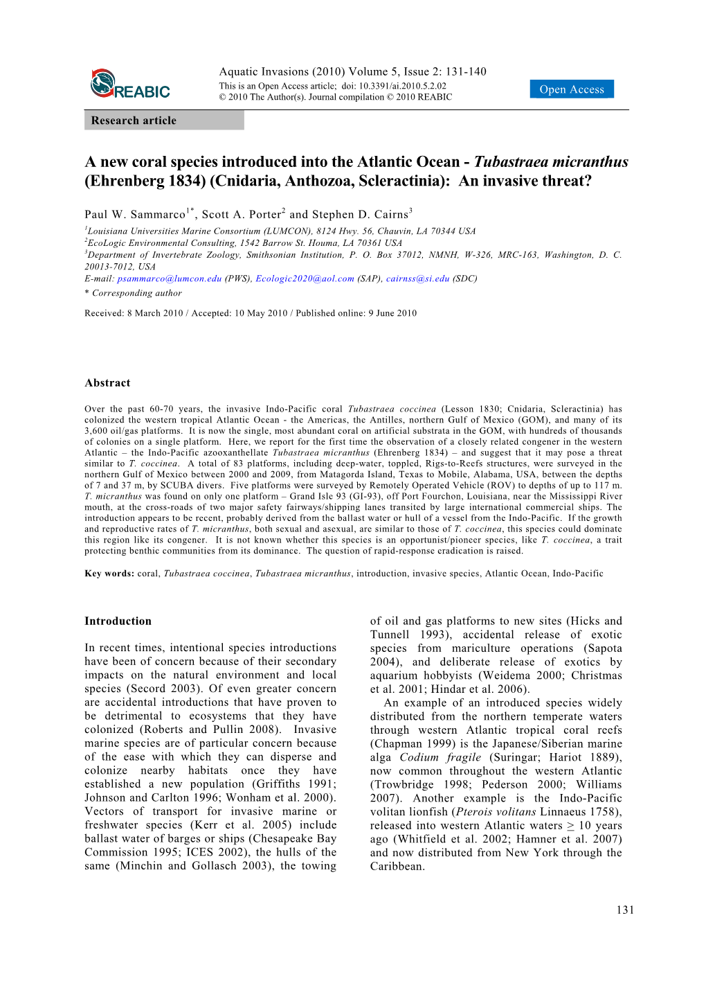 Tubastraea Micranthus (Ehrenberg 1834) (Cnidaria, Anthozoa, Scleractinia): an Invasive Threat?