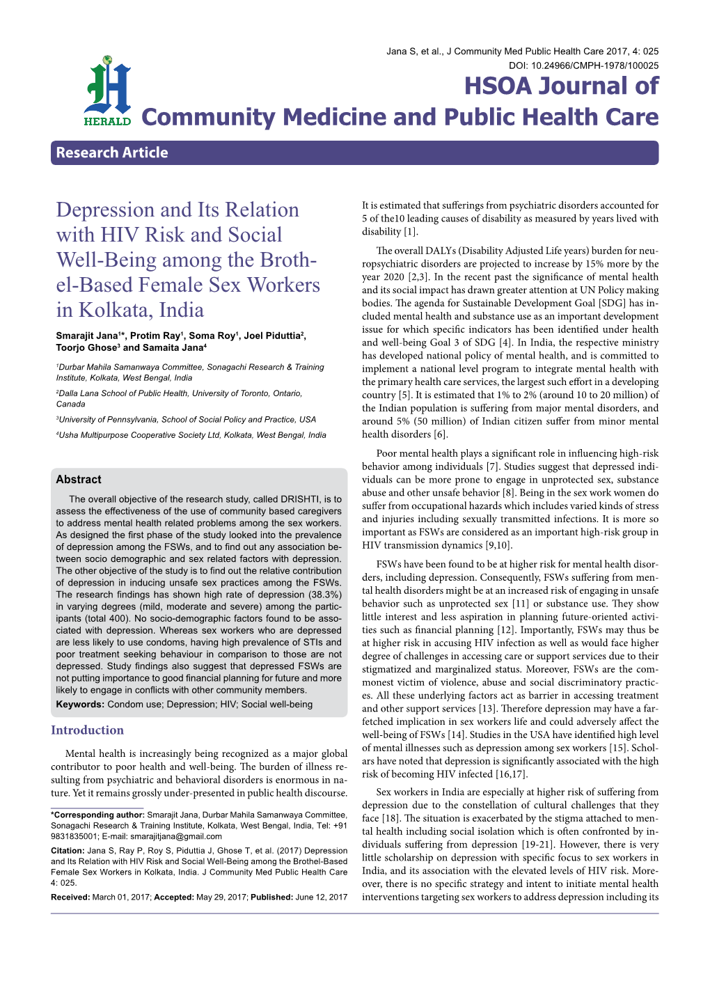 Depression and Its Relation with HIV Risk and Social Well-Being Among the Brothel-Based Female Sex Workers in Kolkata, India