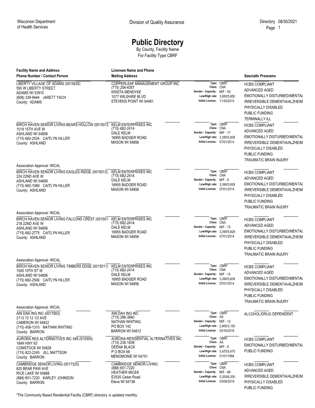 Community-Based Residential Facility (CBRF) Directory