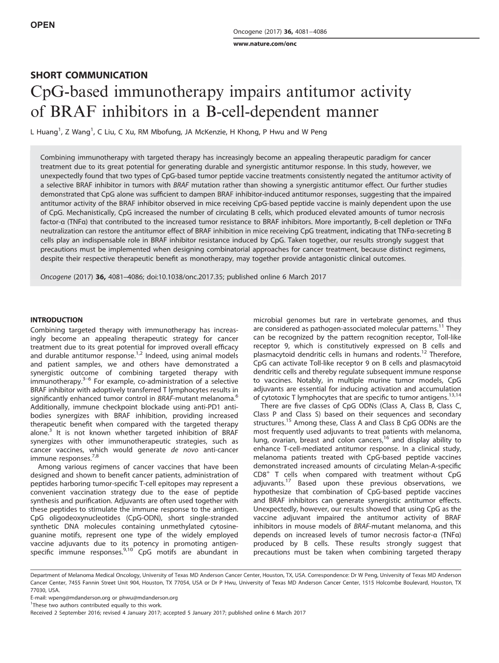 Cpg-Based Immunotherapy Impairs Antitumor Activity of BRAF Inhibitors in a B-Cell-Dependent Manner