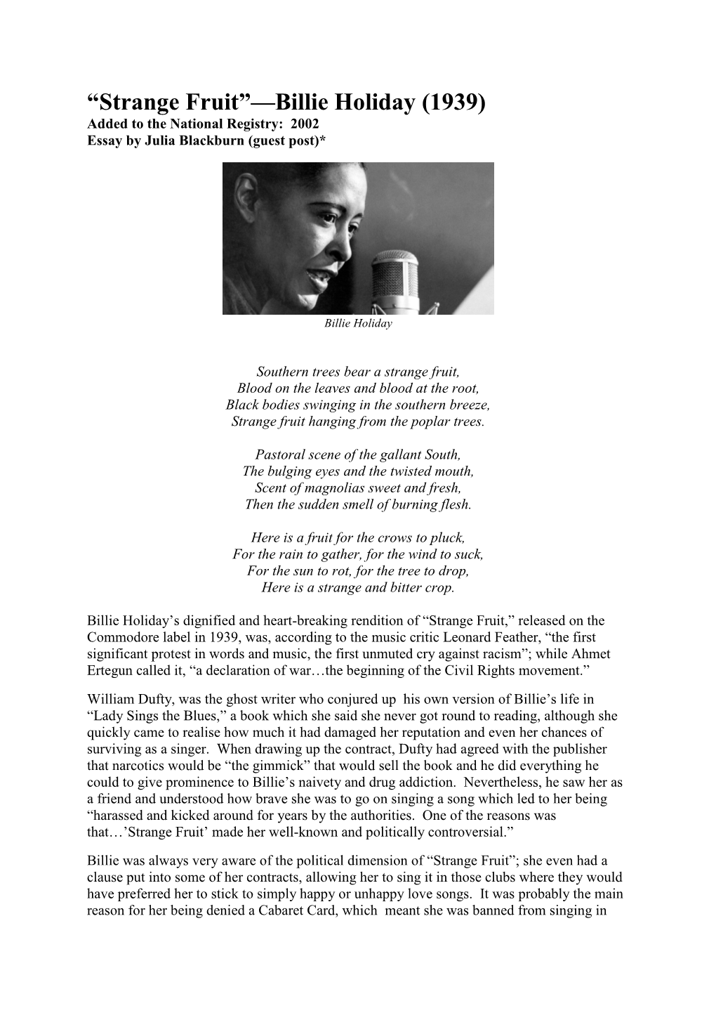 Strange Fruit”—Billie Holiday (1939) Added to the National Registry: 2002 Essay by Julia Blackburn (Guest Post)*