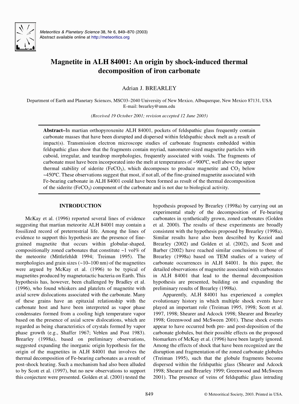 Magnetite in ALH 84001: an Origin by Shock-Induced Thermal Decomposition of Iron Carbonate