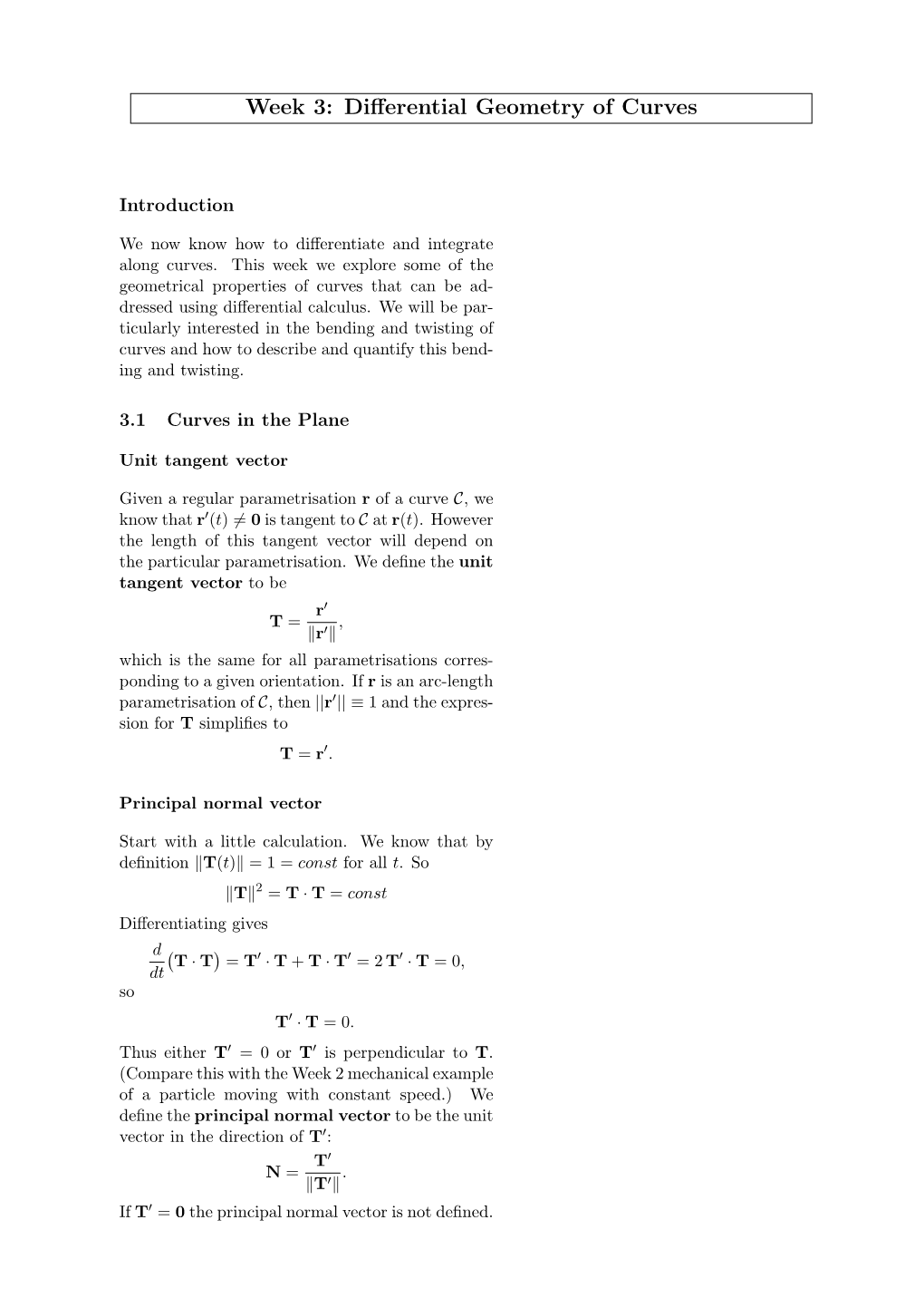 Week 3: Differential Geometry of Curves