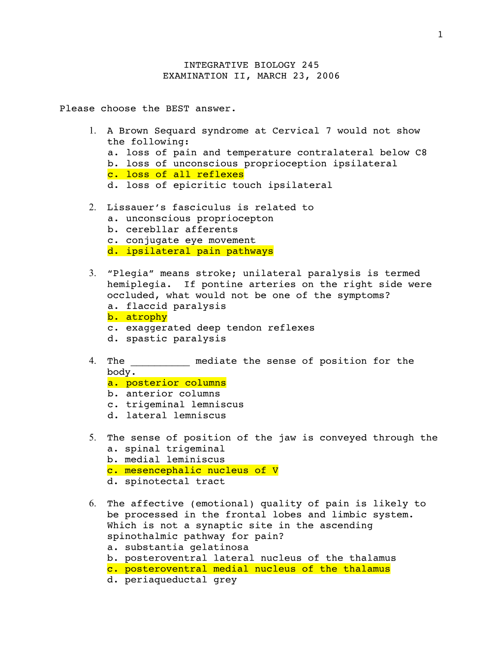 1 Integrative Biology 245 Examination Ii, March 23, 2006