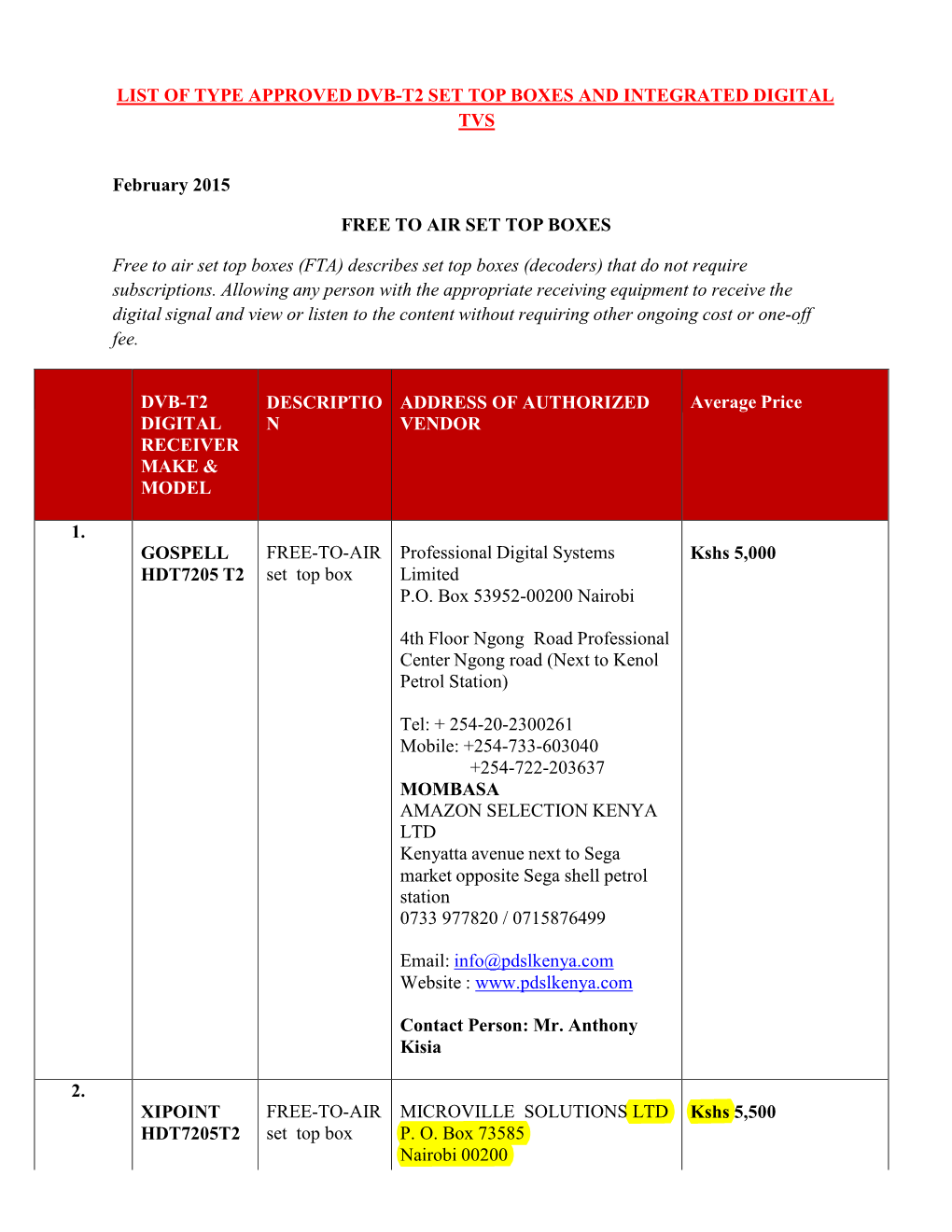 List of Type Approved Dvb-T2 Set Top Boxes and Integrated Digital Tvs