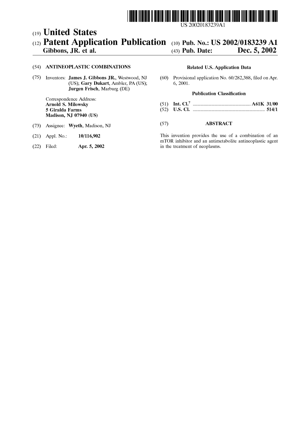 (12) Patent Application Publication (10) Pub. No.: US 2002/0183239 A1 Gibbons, JR