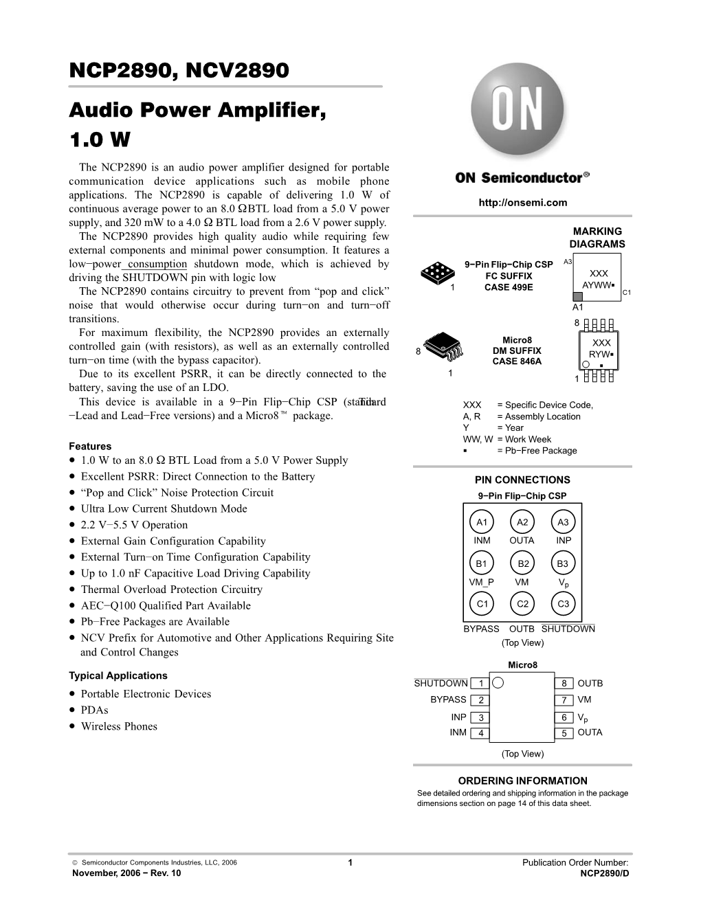 NCP2890, NCV2890 Audio Power Amplifier, 1.0 W