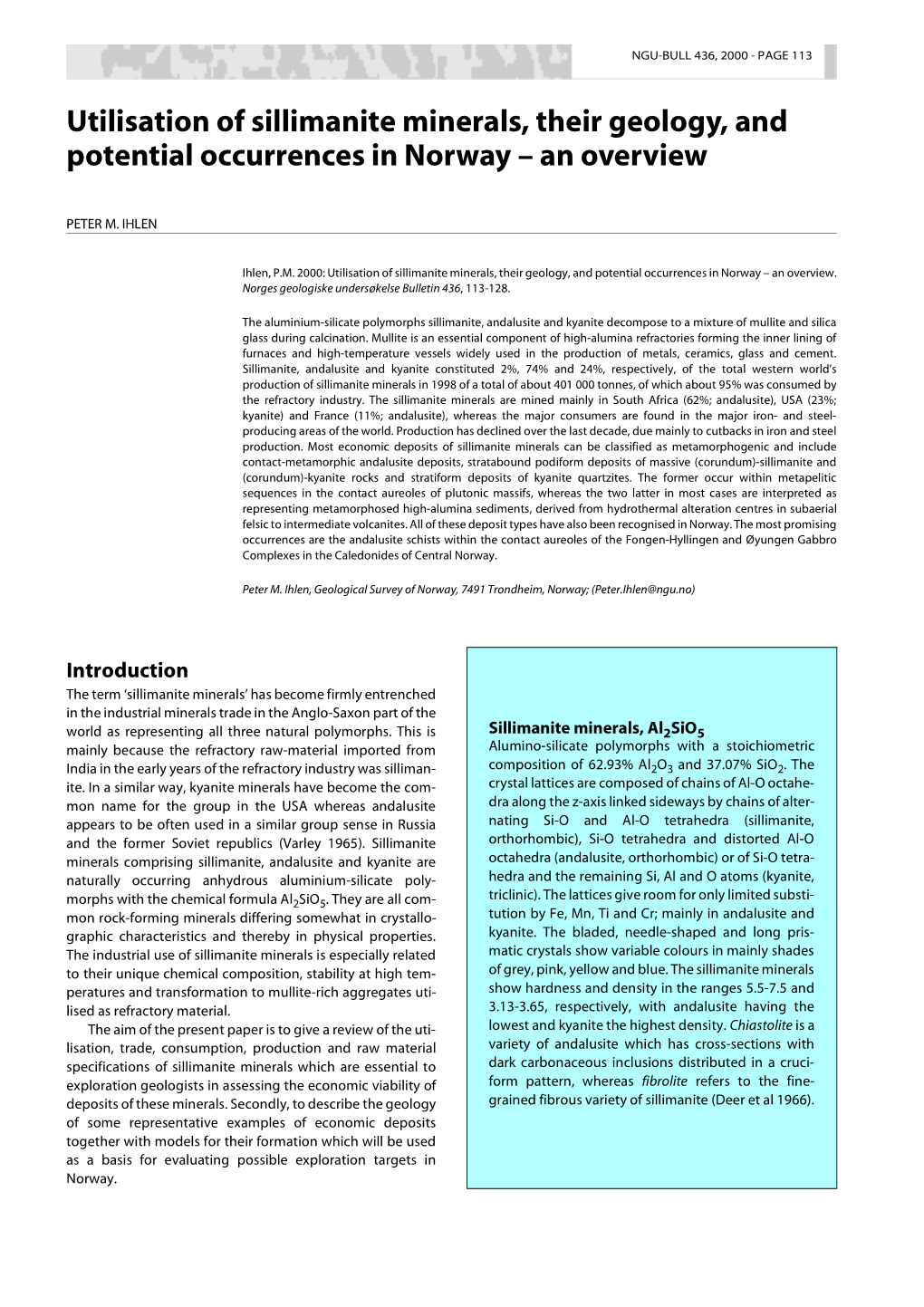 Utilisation of Sillimanite Minerals, Their Geology, and Potential Occurrences in Norway – an Overview