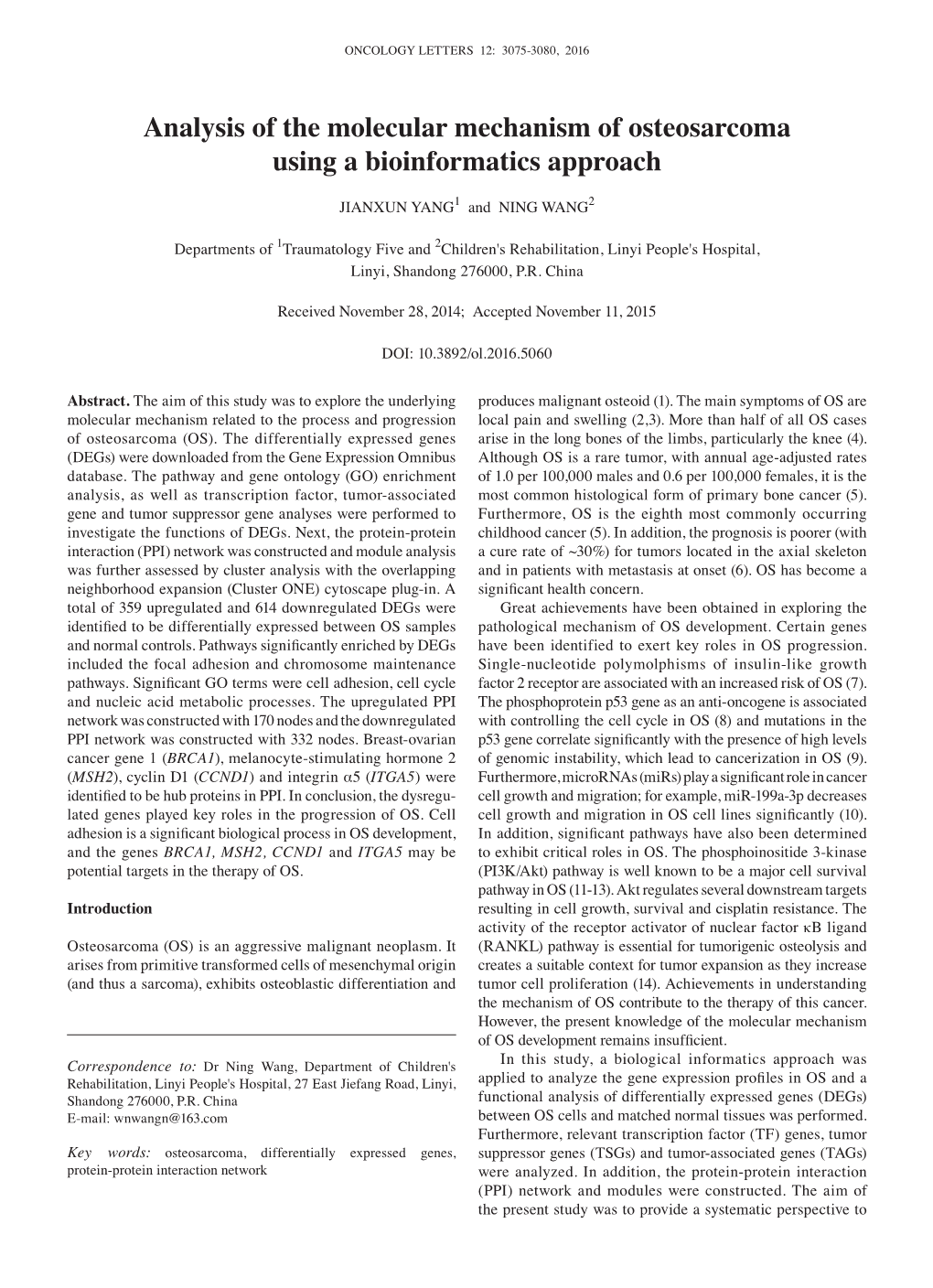 Analysis of the Molecular Mechanism of Osteosarcoma Using a Bioinformatics Approach