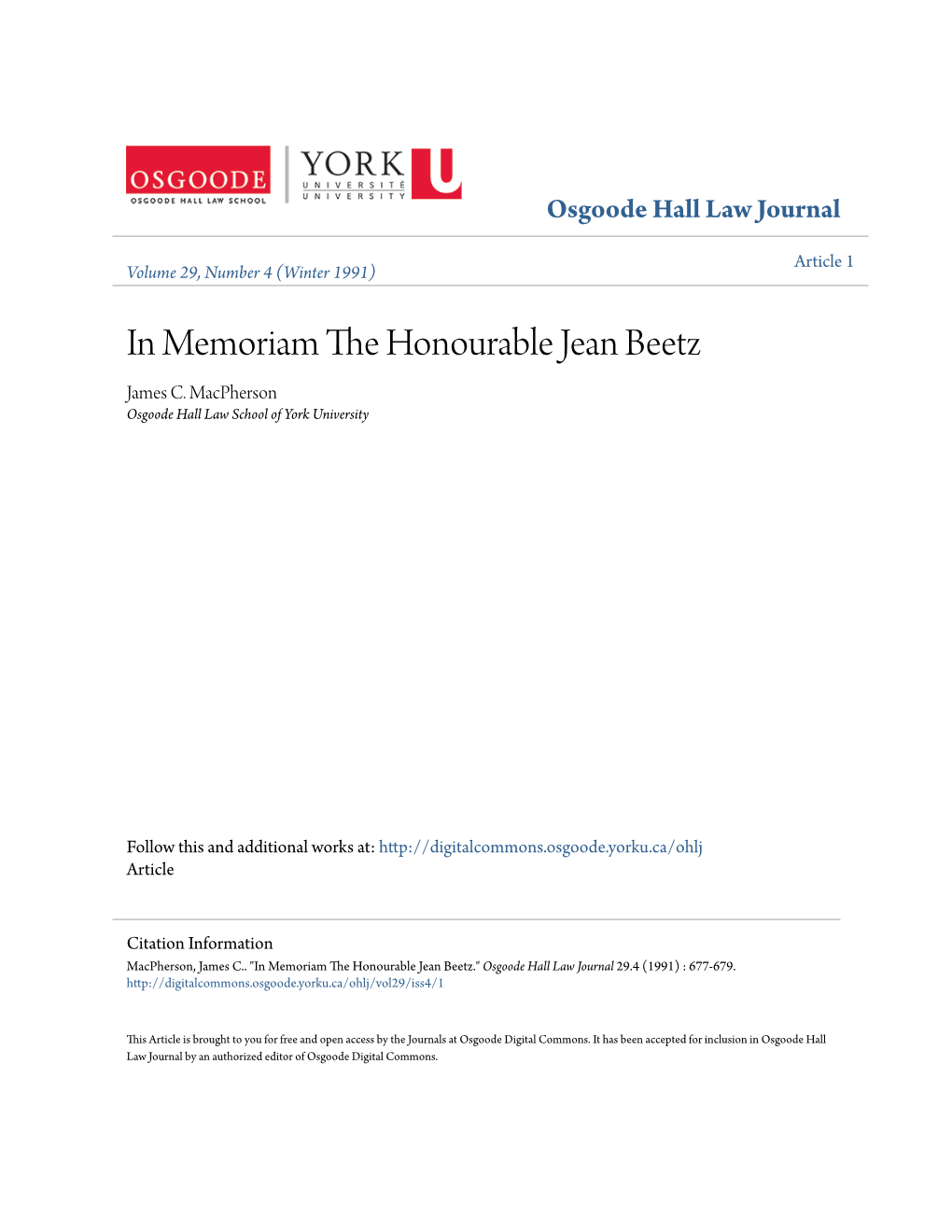 In Memoriam the Honourable Jean Beetz