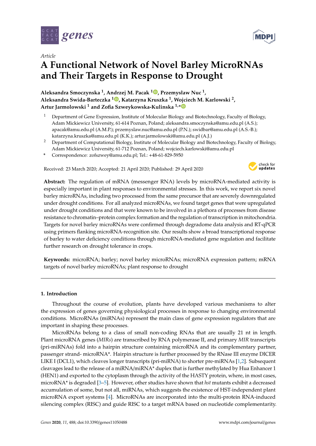 A Functional Network of Novel Barley Micrornas and Their Targets in Response to Drought