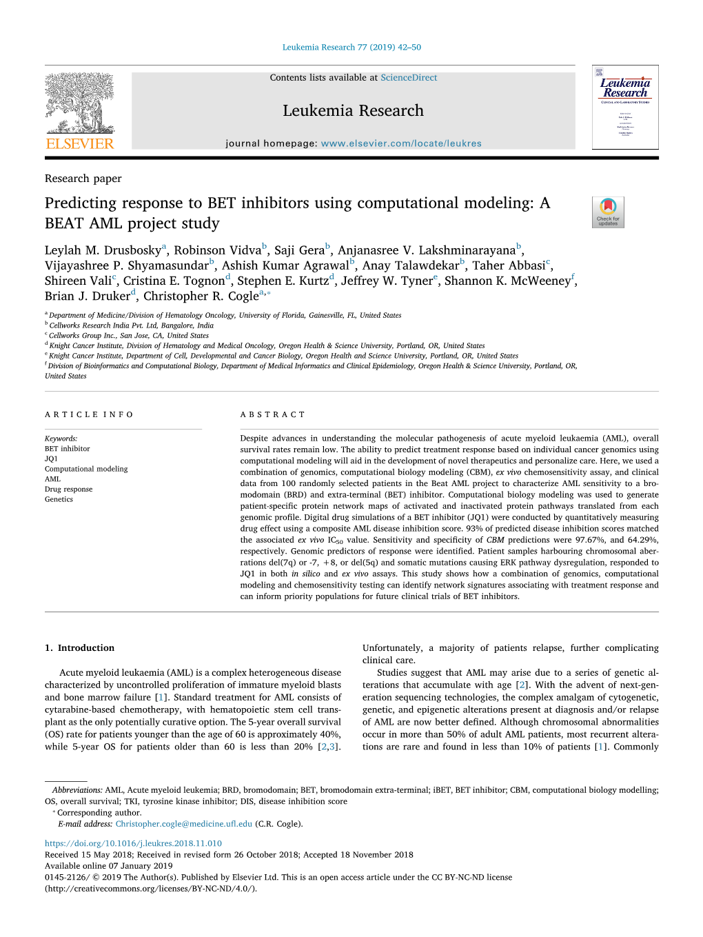 Predicting Response to BET Inhibitors Using Computational Modeling A