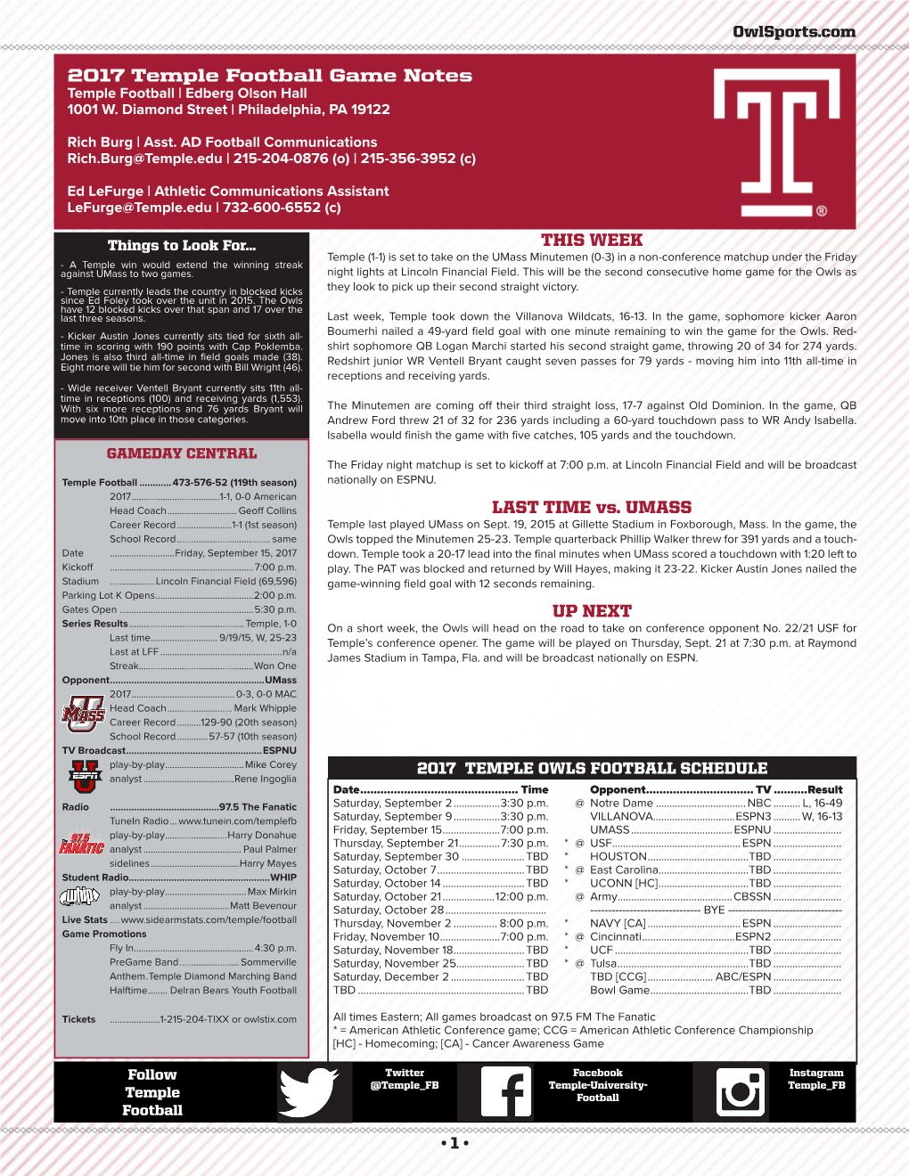 2017 Temple Football Game Notes THIS WEEK LAST TIME Vs. UMASS