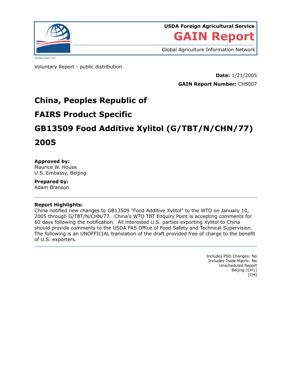 CH5007 FAIRS Food Additive Xylitol (TBT/77)