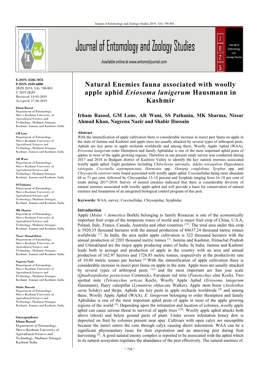 Natural Enemies Fauna Associated with Woolly Apple Aphid Eriosoma