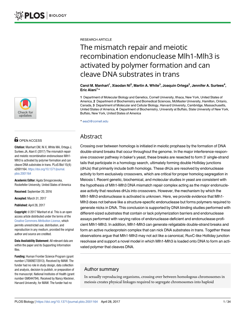 The Mismatch Repair and Meiotic Recombination Endonuclease Mlh1-Mlh3 Is Activated by Polymer Formation and Can Cleave DNA Substrates in Trans