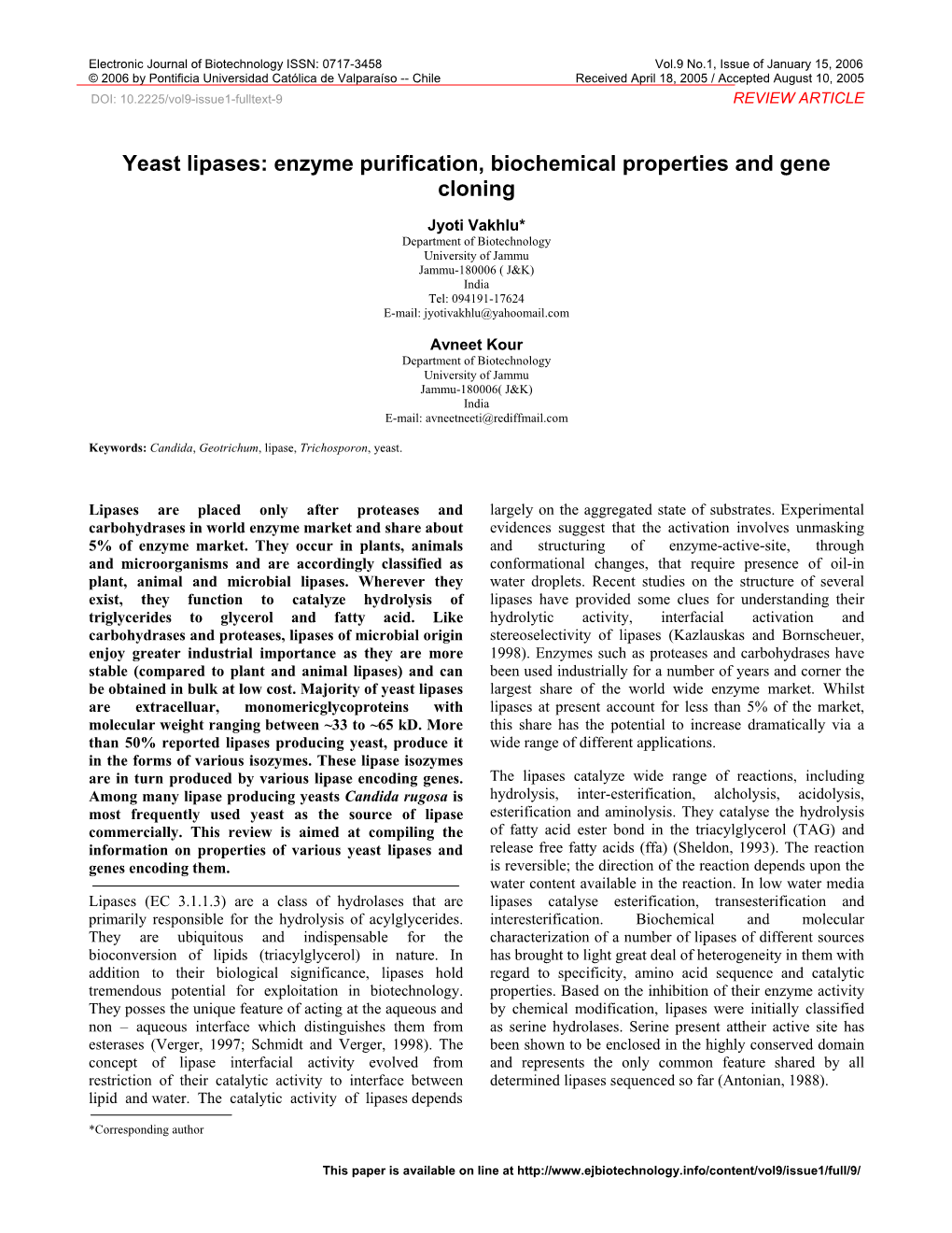 Yeast Lipases: Enzyme Purification, Biochemical Properties and Gene Cloning