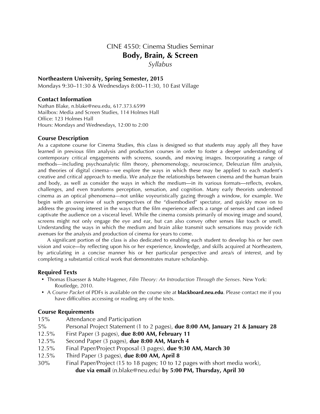 Cinema Studies Seminar Syllabus