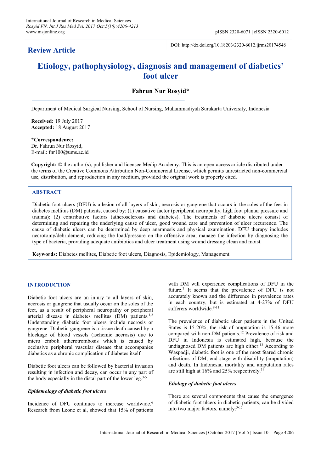 Etiology, Pathophysiology, Diagnosis and Management of Diabetics' Foot