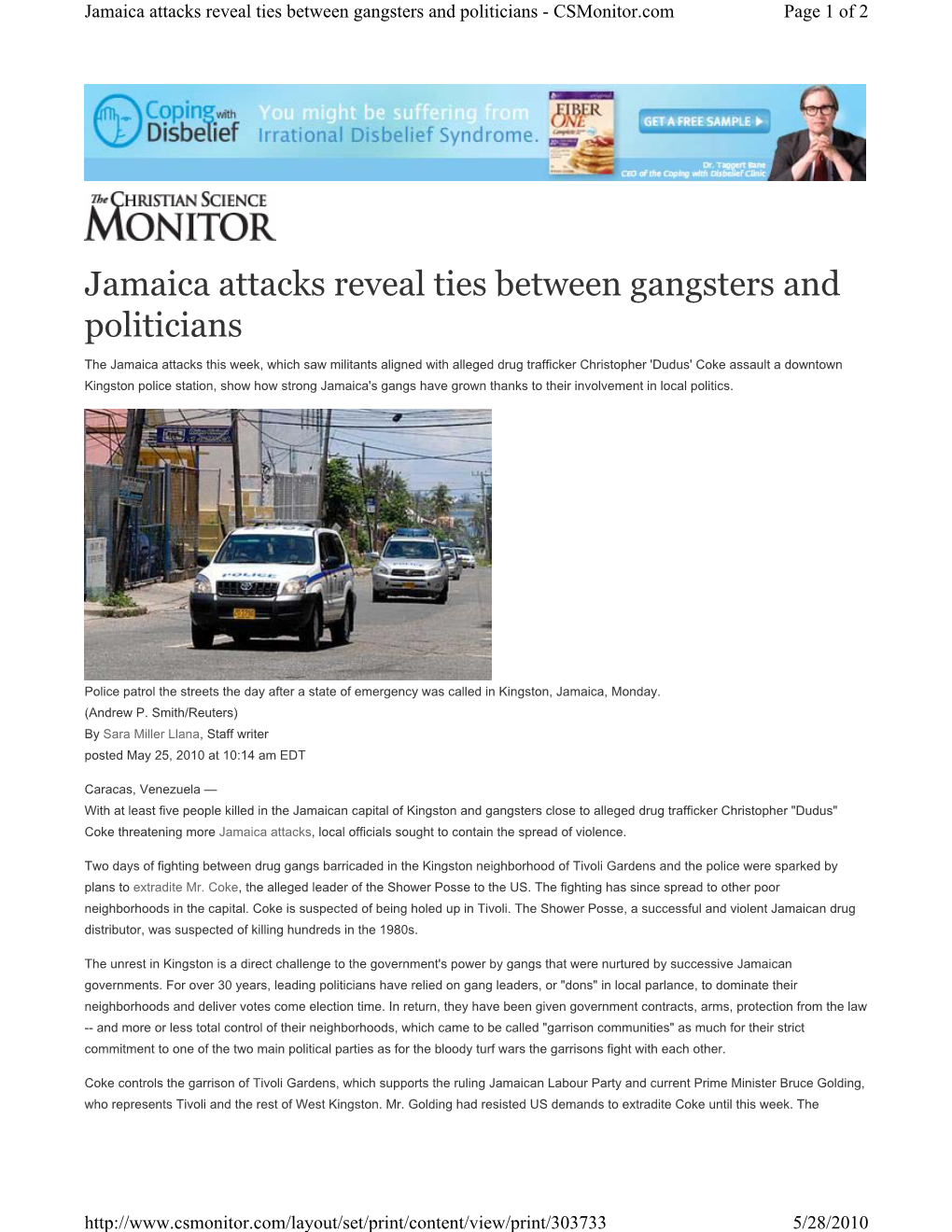 Jamaica Attacks Reveal Ties Between Gangsters and Politicians - Csmonitor.Com Page 1 of 2