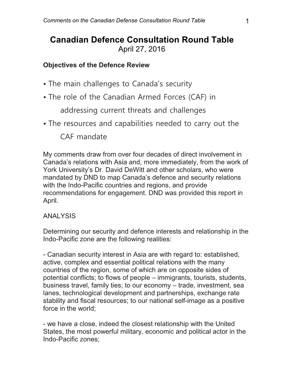 Canadian Defence Consultation Round Table April 27, 2016