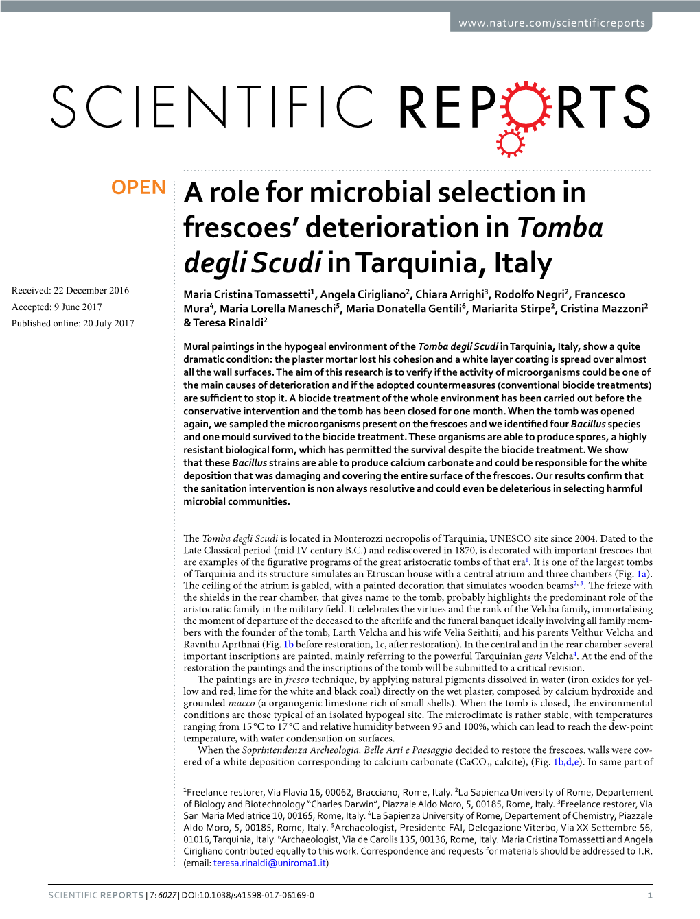 A Role for Microbial Selection in Frescoes' Deterioration in Tomba