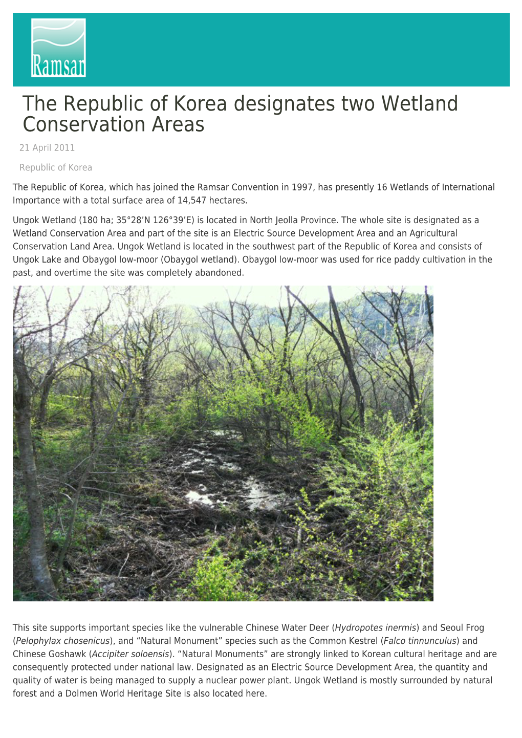 The Republic of Korea Designates Two Wetland Conservation Areas 21 April 2011