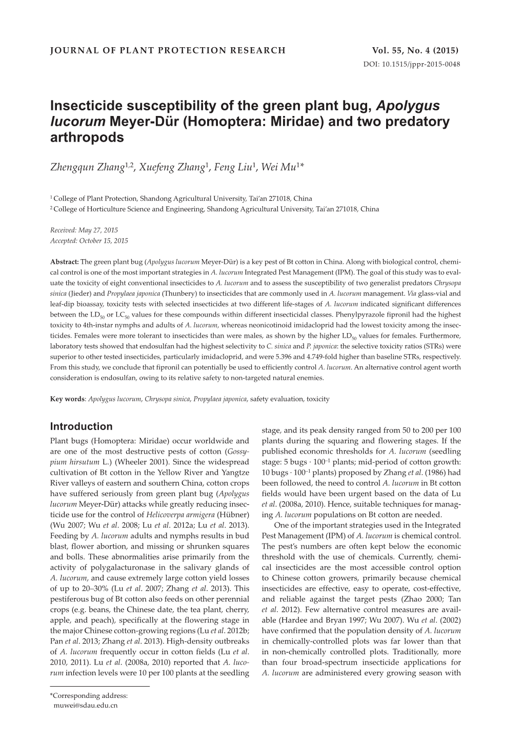 Insecticide Susceptibility of the Green Plant Bug, Apolygus Lucorum Meyer-Dür (Homoptera: Miridae) and Two Predatory Arthropods