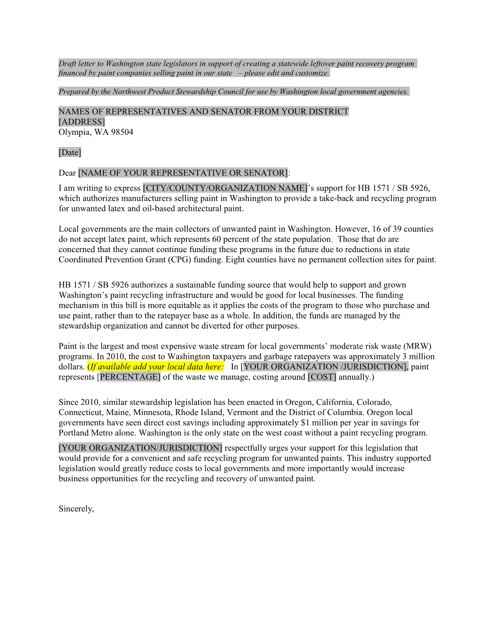 Sample Letter in Support of Paint Stewardship in Washington, for Local Governments