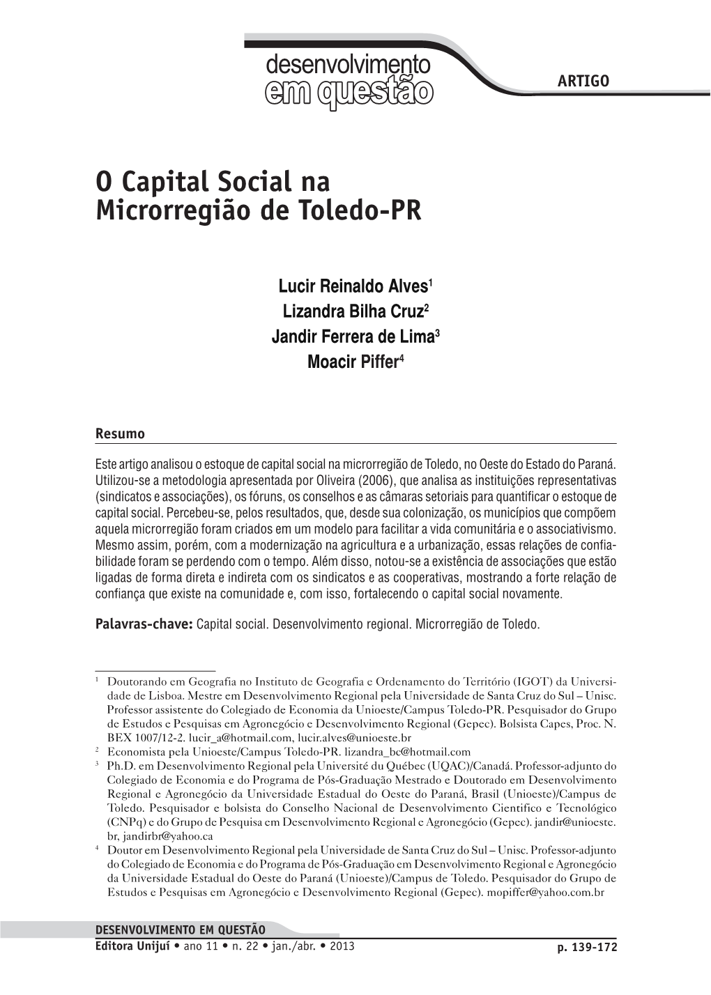 O Capital Social Na Microrregião De Toledo-Pr