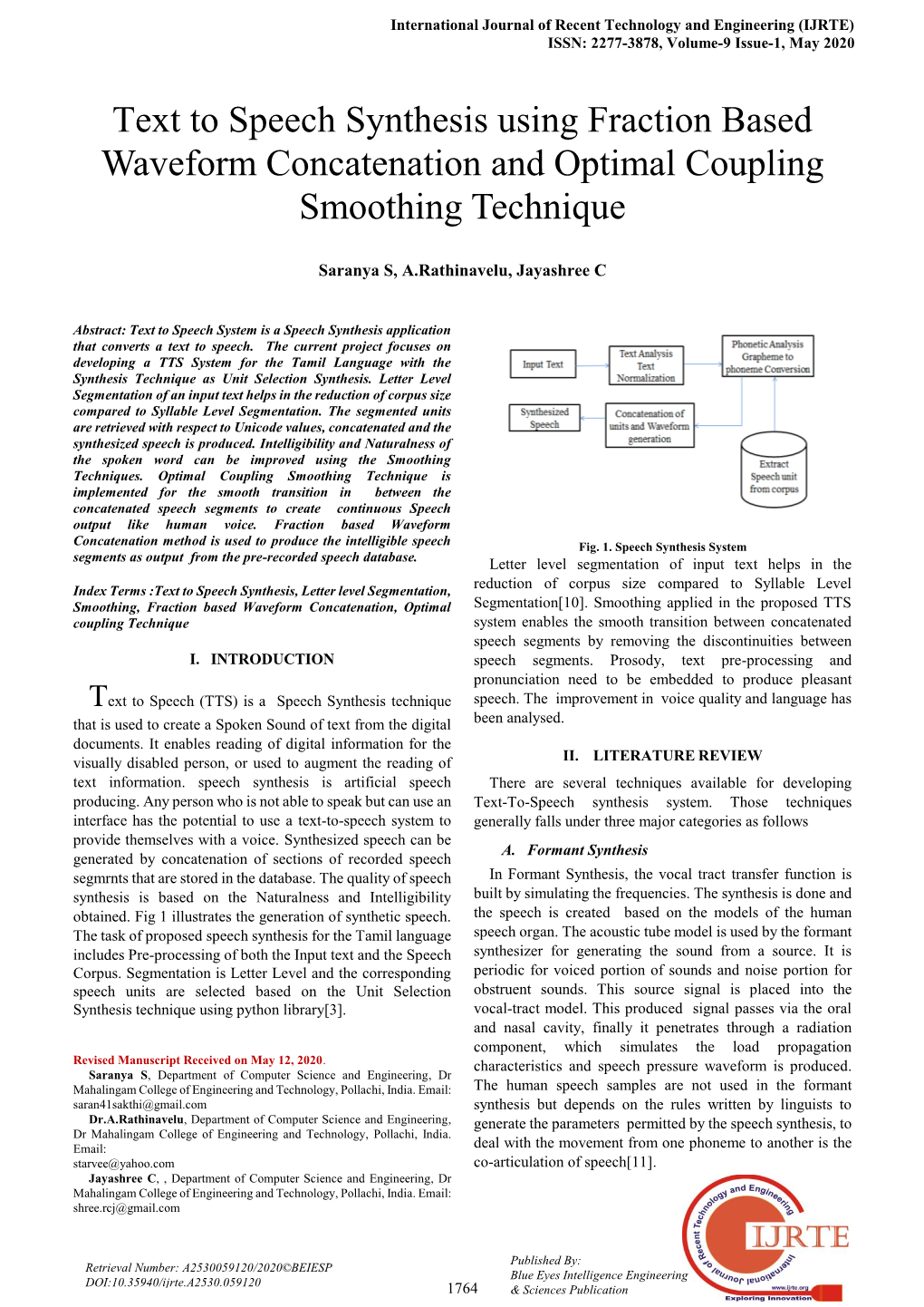 Text to Speech Synthesis Using Fraction Based Waveform Concatenation and Optimal Coupling Smoothing Technique