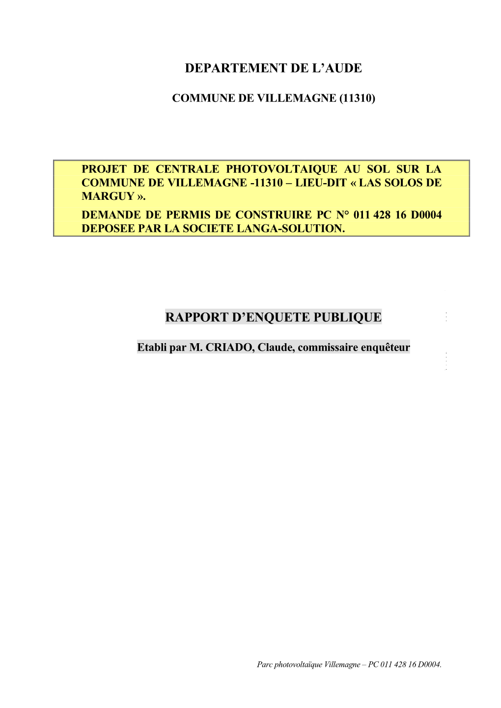 Departement De L'aude Rapport D'enquete Publique