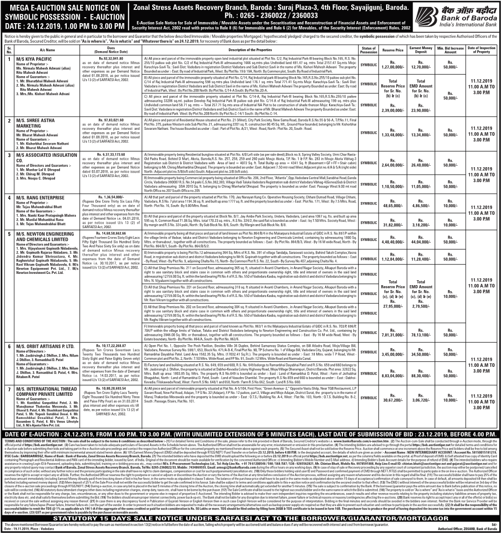 E-AUCTION DATE : 24.12.2019, 1.00 PM to 3.00 PM