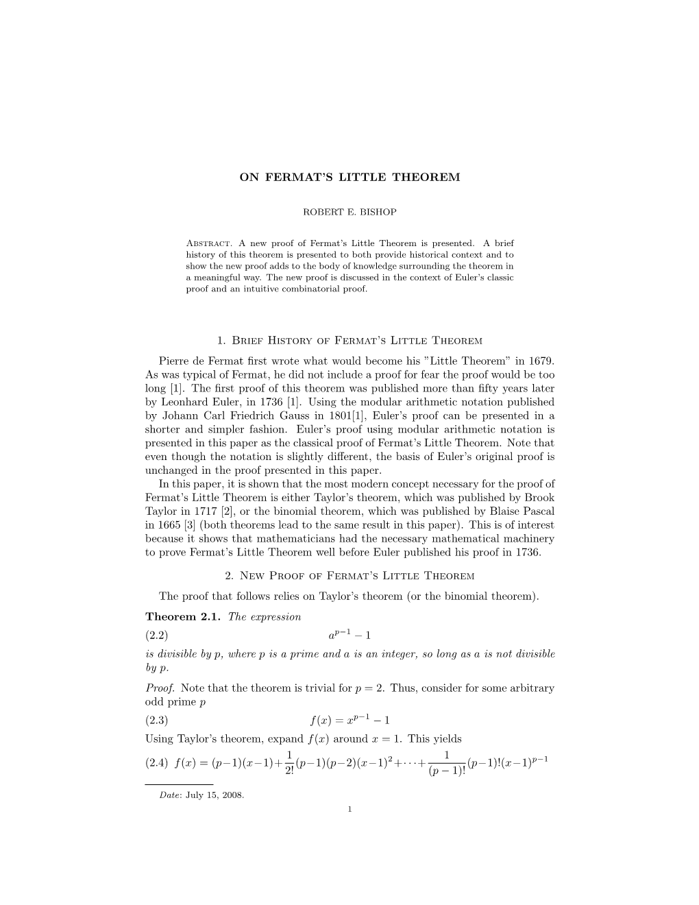 ON FERMAT's LITTLE THEOREM 1. Brief History of Fermat's Little