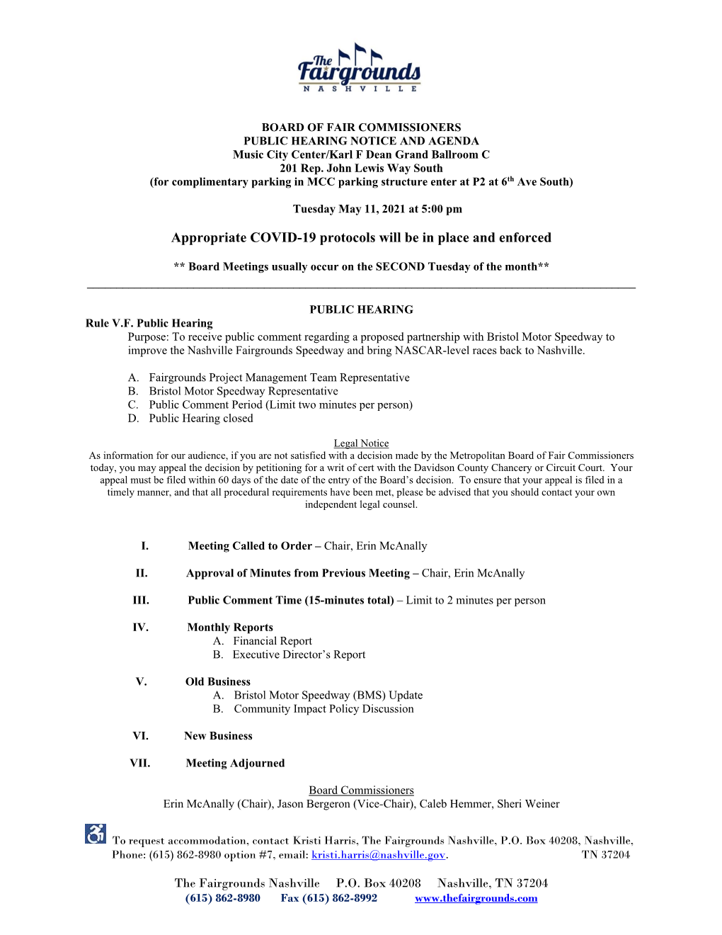 Metro Nashville Fair Commissioners Board Meeting Agenda, May 11, 2021