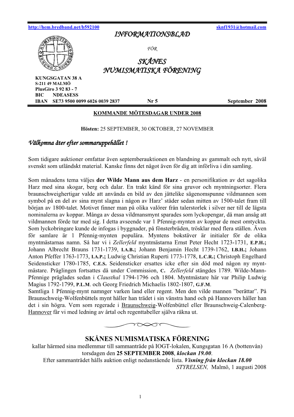 Informationsblad Skånes Numismatiska Förening