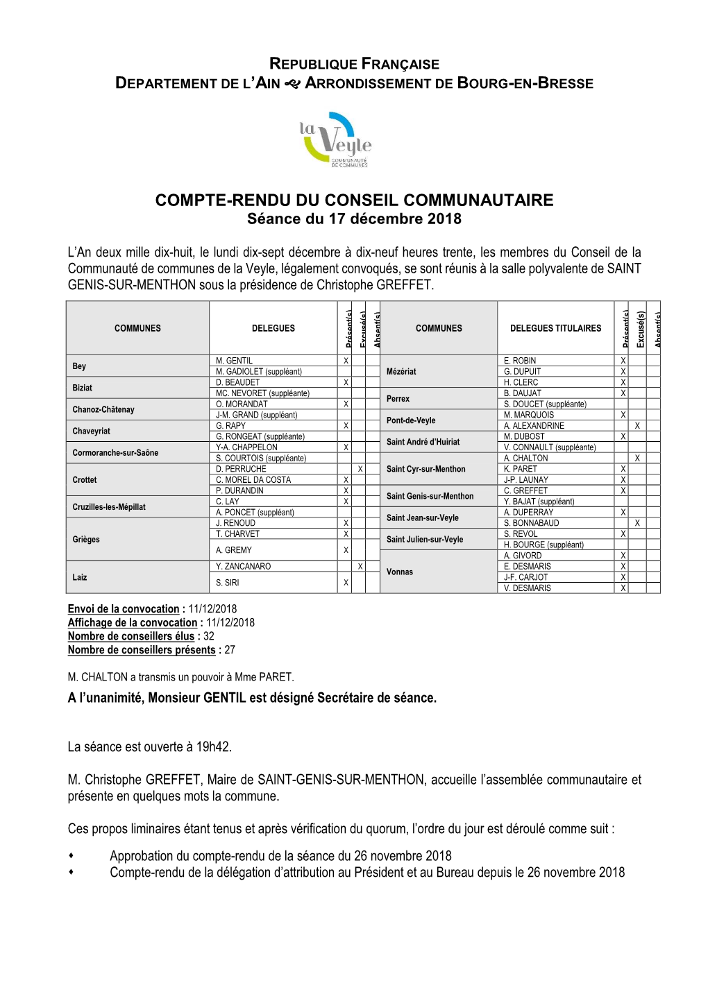 COMPTE-RENDU DU CONSEIL COMMUNAUTAIRE Séance Du 17 Décembre 2018