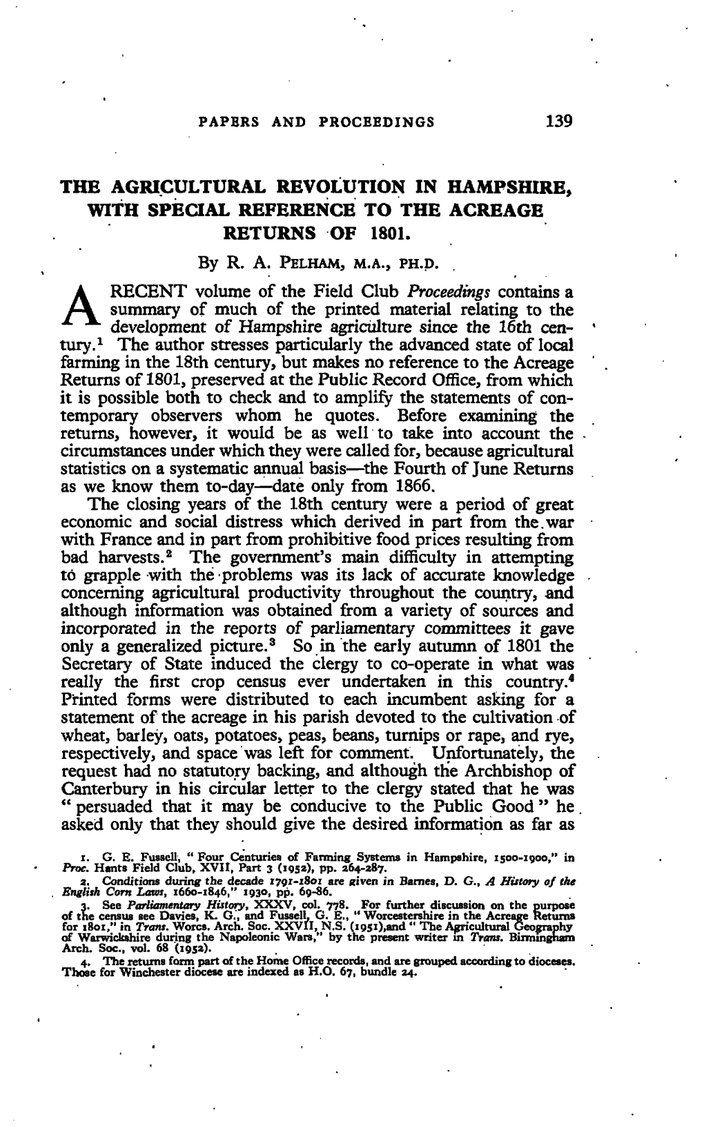 The Agricultural Revolution in Hampshire, with Special Reference to the Acreage Returns of 1801