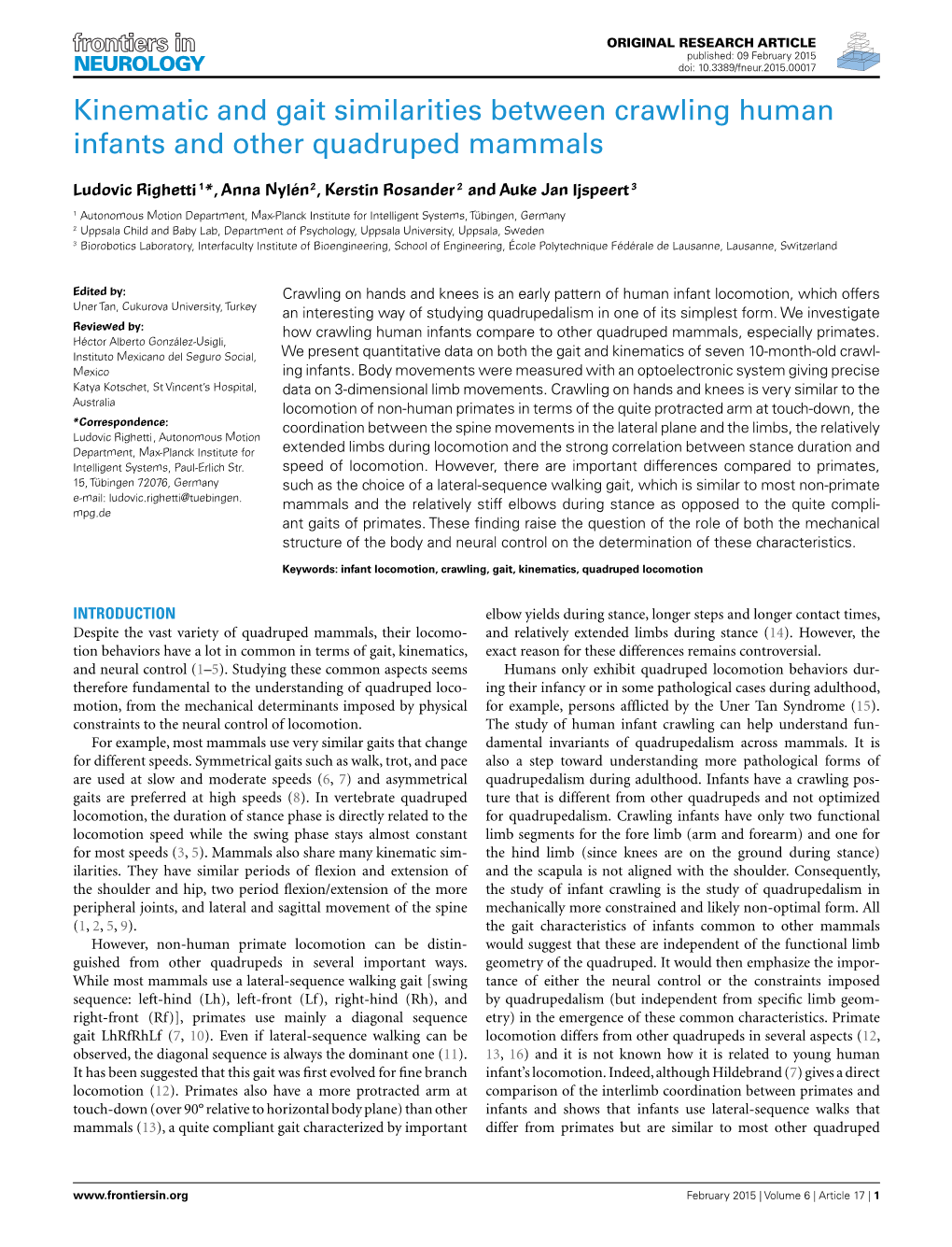 Kinematic and Gait Similarities Between Crawling Human Infants and Other Quadruped Mammals