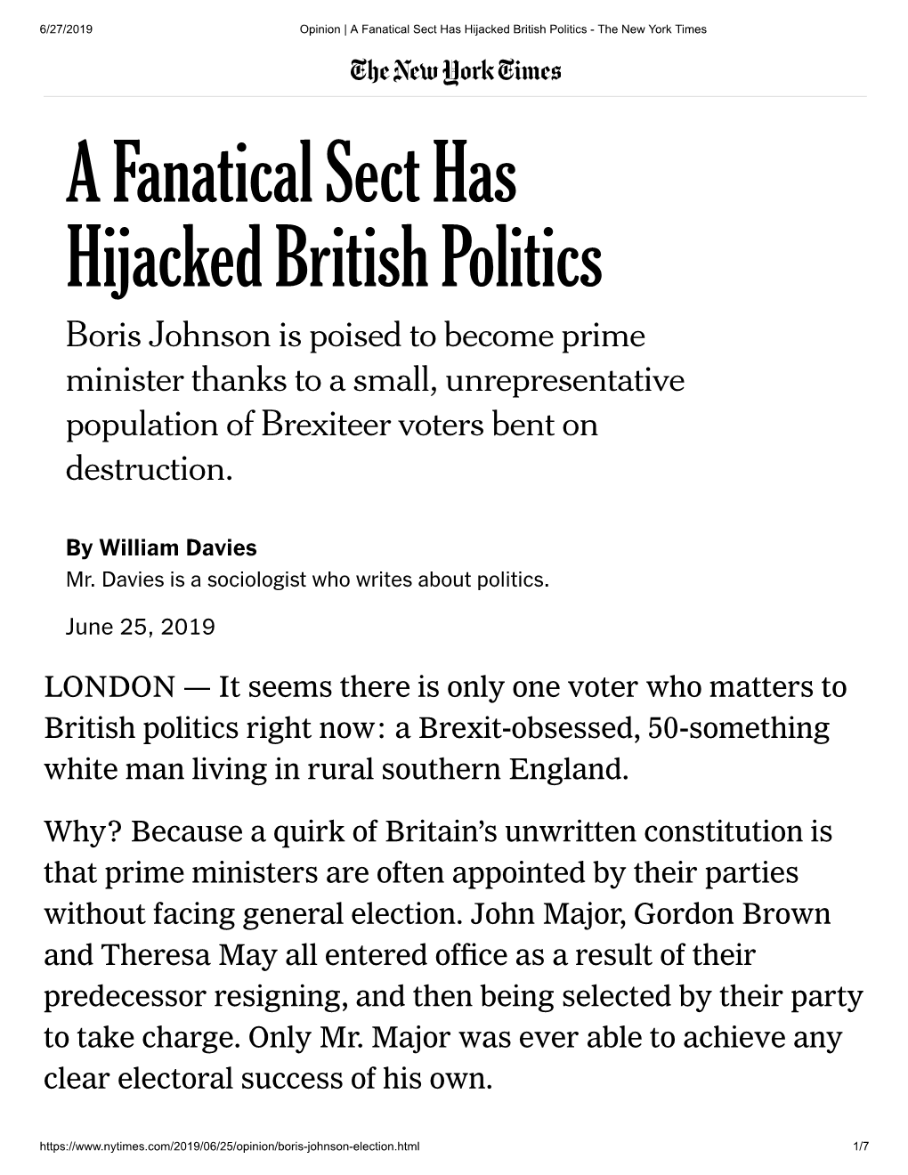 A Fanatical Sect Has Hijacked British Politics - the New York Times