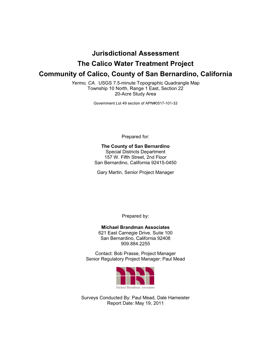 Jurisdictional Assessment the Calico Water Treatment Project Community of Calico, County of San Bernardino, California Yermo, CA