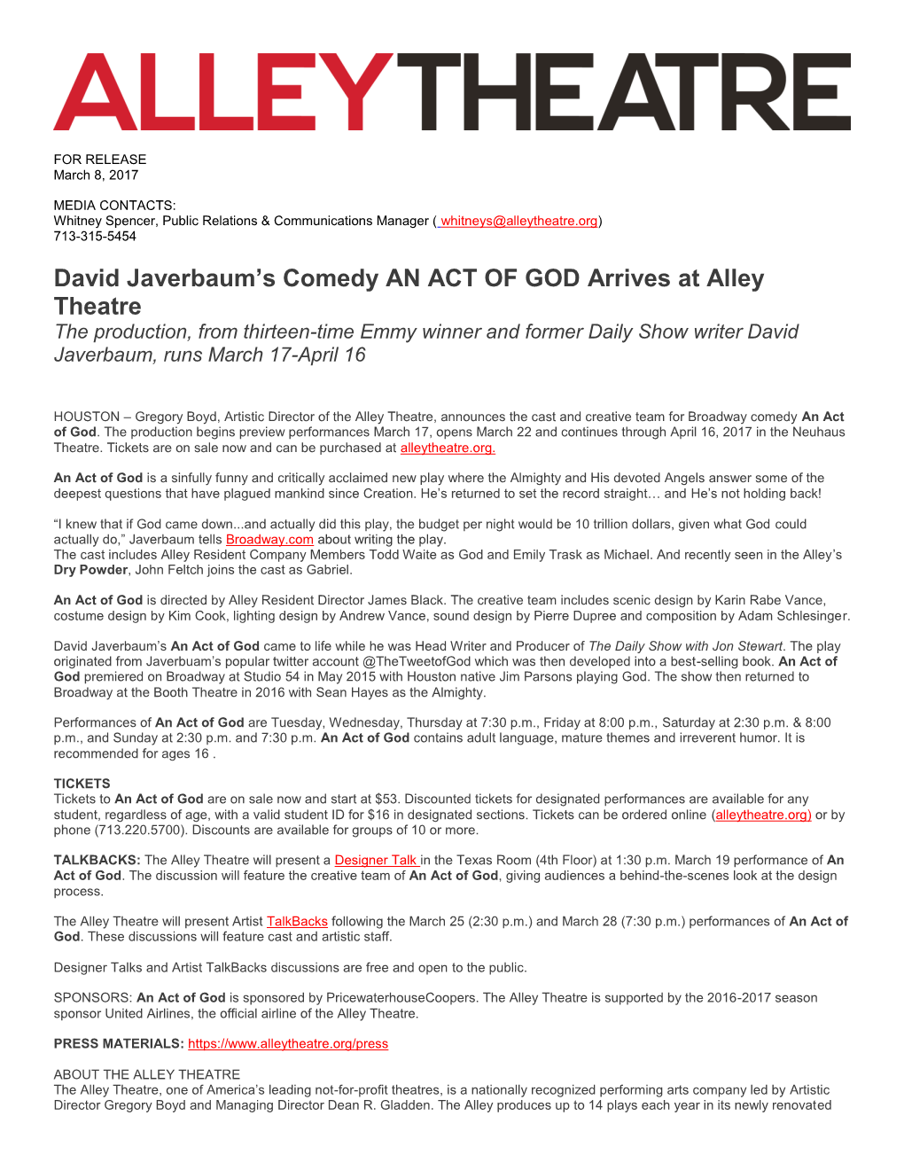 David Javerbaum's Comedy an ACT of GOD Arrives at Alley Theatre