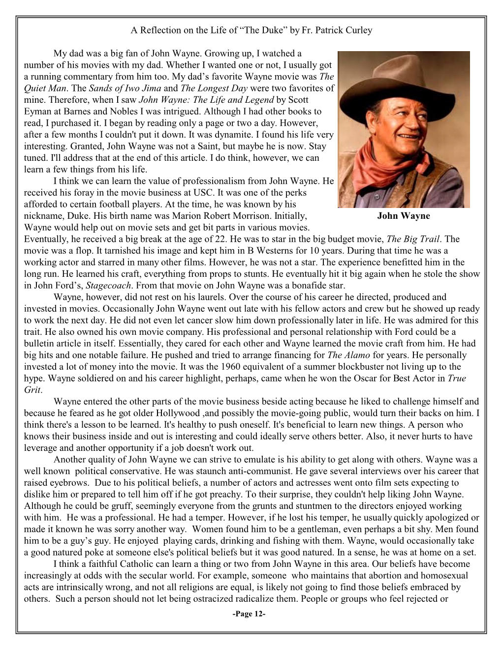 “The Duke” by Fr. Patrick Curley My Dad Was a Big Fan of John Wayne